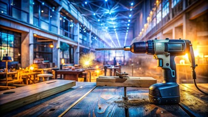 Fototapeta premium Double Exposure: Electric Drill & Workshop Tools - Professional Stock Photo
