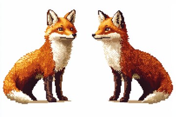 Fototapeta premium A pixelated 8-bit red fox depicted in two angles—front-facing and side view—featuring vibrant retro colors, isolated on a white background for nostalgic pixel art design. .