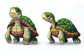 A retro-style 8-bit pixel turtle depicted in two angles—front-facing in a slow crawl and side view walking—isolated on a white background for a nostalgic gaming aesthetic.  .