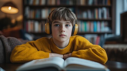 Young Boy Listening to Audiobooks in Library