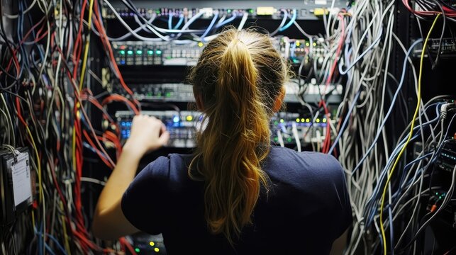 A female technician working on a complicated network server
