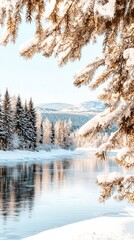 A peaceful winter sunset casting warm hues over a snow-covered river, reflecting the golden light and creating a tranquil, picturesque seasonal landscape.  .