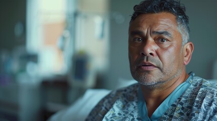 Obraz premium Close-up portrait of a middle-aged man with short, dark hair and a concerned expression. He is wearing a patterned hospital gown. The background is blurred, suggesting an indoor hospital setting.