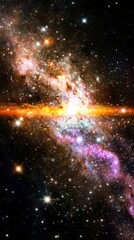 Obraz premium A stunning cosmic scene featuring a vibrant purple galaxy with twinkling stars and a colorful nebula, creating a breathtaking night sky perfect for space and astronomy themes. .