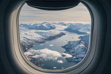Fototapeta premium A breathtaking aerial view of Greenland’s icy landscape, seen from an airplane window, showcasing vast glaciers, snow-covered terrain, and deep blue waters. .