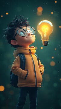 A digital illustration depicting a young boy, rendered in a cartoonish 3D style, gazing upwards at a glowing light bulb.  The boy has short dark hair and wears an orange hooded jacket and a backpack.