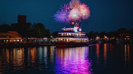 Fireworks show over riverboat, night city celebration