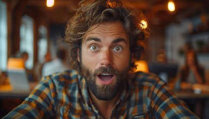 Close-up portrait of a man with a surprised expression.  The image features a shallow depth of field, with the subject in sharp focus and the background softly blurred. The man has long, tousled