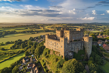 Naklejka premium A Majestic Medieval Castle Overlooking A Picturesque, Sun-drenched Countryside, Bathed In Warm Golden Light