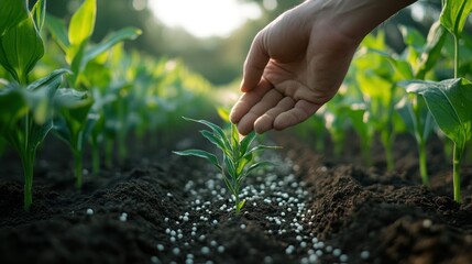 Fototapeta premium A Hand Gently Nurturing Young Corn Plants, Fertilizer Granules Carefully Placed Around Each Sprout, Ensuring Healthy Growth in a Lush Field