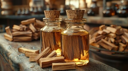Palo Santo Essential Oil: Aromatic Bottles and Wood Pieces