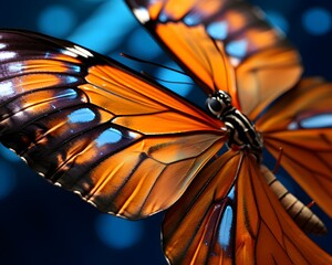 Close-up of a butterfly wing with blue and orange wings.(good for graphic use)