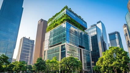 Fototapeta premium Modern Skyscrapers with Green Roofs: Sustainable Urban Design and Architecture in Cityscapes