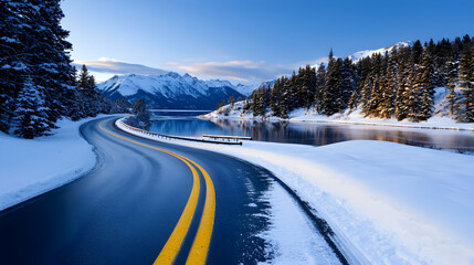 Obraz premium Snowy Mountain Road Winding Through Pine Trees Beside a Tranquil Lake