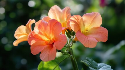Vibrant peach hibiscus flowers bloom, with petals illuminated by sunlight. Great for designs needing tropical, summer, or beauty concepts.