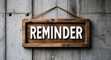 reminder lettering on wooden sign board hanging on concrete wall background