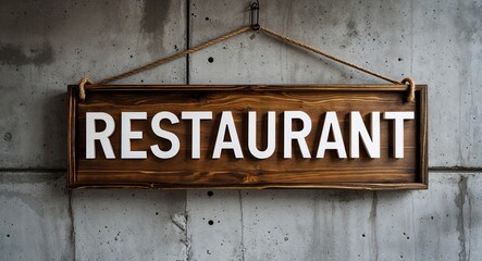 Obraz premium restaurant lettering on wooden sign board hanging on concrete wall background