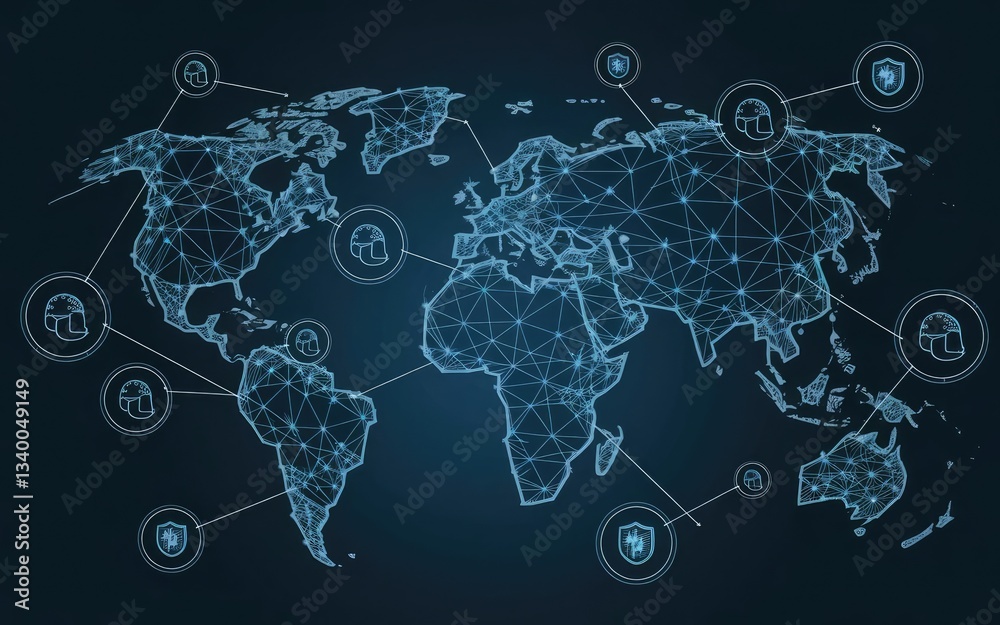 Poster global network security: an abstract depiction of the world map interwoven with intricate digital co