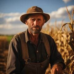 Close-up portrait of an elderly man, possibly a farmer, with a weathered face and a serious expression. He is wearing a dark brown long-sleeved shirt and tan suspenders.  A wide-brimmed hat is