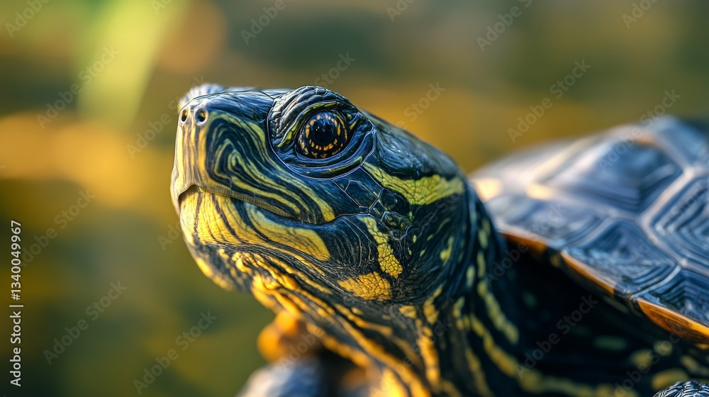 Poster close-up of turtle with striped shell in sunlight, detailed and vibrant. nature concept