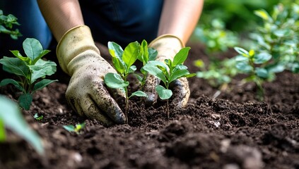 Planting Saplings: Gardener Carefully Plants Young Plants in Rich Soil Outdoors