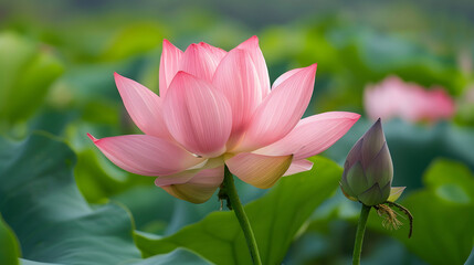 Obraz premium lotus flower, pink petals, serene, calm water, green lily pads, soft focus, dreamy atmosphere, nature photography, zen garden, tranquil pond, delicate bloom, bokeh background, harmonious colors