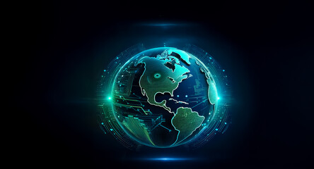 Fototapeta premium A vibrant, glowing digital globe with green continents is displayed against a dark backdrop. Bright blue lights highlight the futuristic and technological aspects.