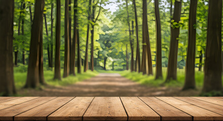 Fototapeta premium a green forest, a wooden table stands, surrounded by tall trees blurred background. High quality photo, Wood table top on blur beautiful nature garden and green leaf tree,morning, plant, sunshine, fo
