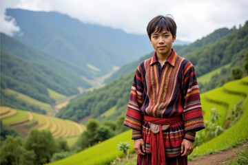 Naklejka premium A Young Boy in Traditional Ethnic Attire Standing Amidst Lush Rice Terraces in the Mountains of Southeast Asia