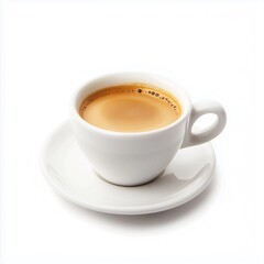 Fototapeta premium High-angle, close-up studio shot of a filled white porcelain cup and saucer on a pure white background. The cup is slightly curved with a small, gently curved handle. The coffee or tea inside