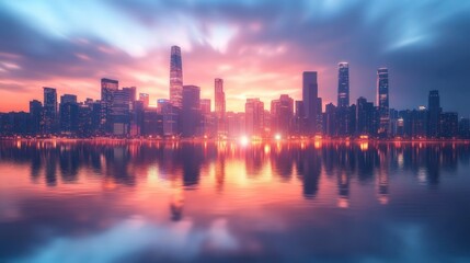 Fototapeta premium Cityscape at Dawn: A Stunning Reflection of Urban Lights