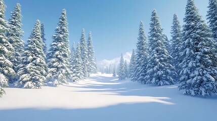 Fototapeta premium Bright snowy landscape with towering fir trees under a crystal-clear blue sky