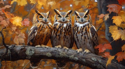 Obraz premium Owls on Branch, Autumn Leaves (1)
