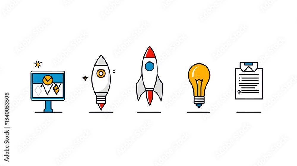 Aufkleber A collection of colorful startup themed icons including a rocket lightbulb and business plan document arranged in a row on a clean white background symbolizing innovation growth