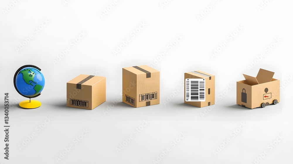 Poster A collection of logistics icons including a shipping box globe and barcode symbolizing the various aspects of shipping delivery and global transportation