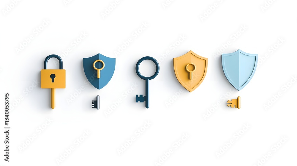 Poster A collection of security related icons including a lock shield and key arranged in a row on a white background