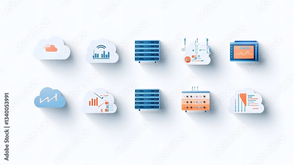 Poster a collection of simple flat style icons representing various cloud computing technologies including 