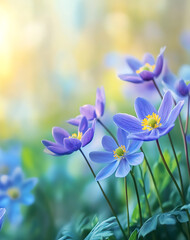 Bluebell woods anemones create scenic spring backdrop, flowers are blurred creating dreamy and enchanting feel, that evokes sense of tranquility and serenity