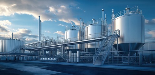 Obraz premium Modern Industrial Plant: Steel Tanks, Pipes, and Platforms Under a Blue Sky