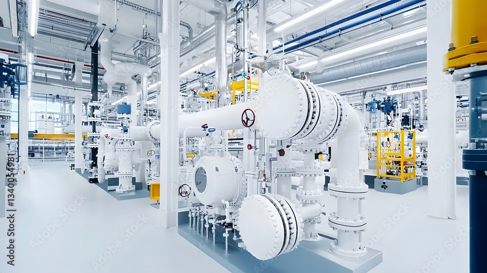 Poster A complex network of high temperature pipelines and industrial equipment operating within a clean organized manufacturing facility