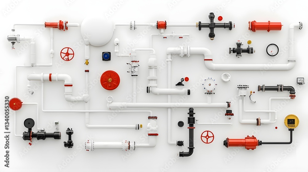 Poster A comprehensive depiction of an intricate engineering pipeline system layout showcasing the interconnected components and assembly against a clean minimalist white backdrop