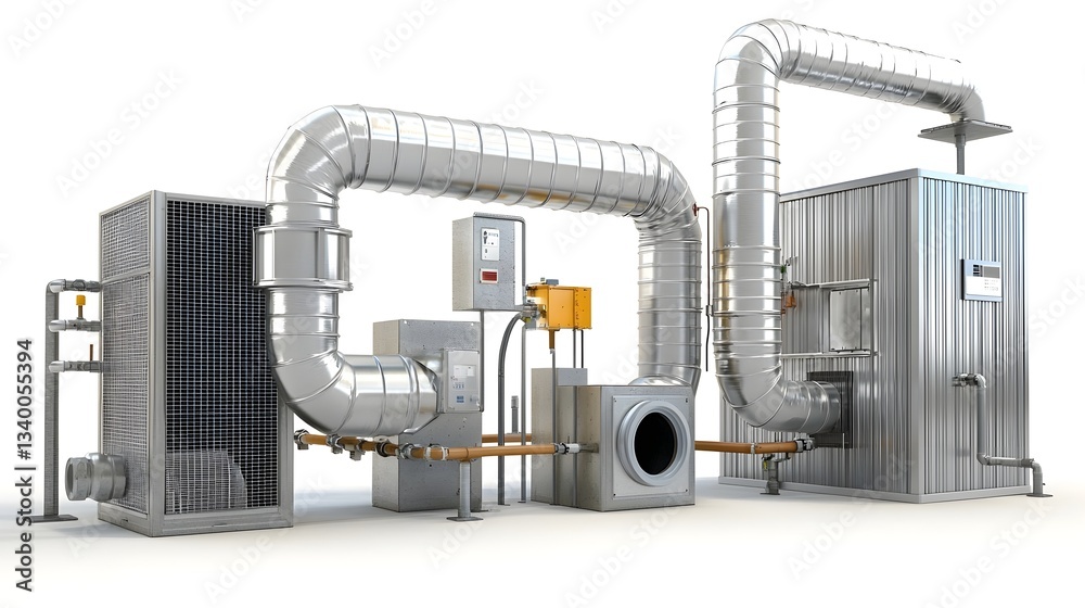 Poster A comprehensive view of a HVAC system featuring intricate ductwork piping and related equipment against a simple uncluttered background