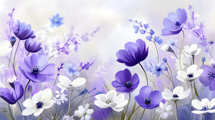 Purple bluebell and white anemone bring tranquil and peaceful moment to meadow with blurred style it fills people with joy, calmness