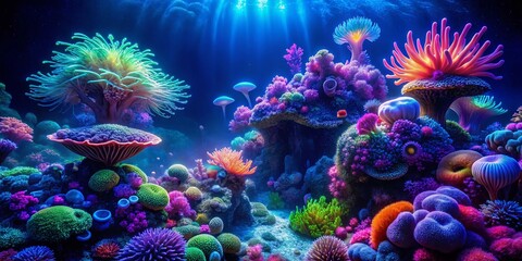 Dreamlike Underwater Scene: Glowing Jellyfish & Vibrant Coral Reef