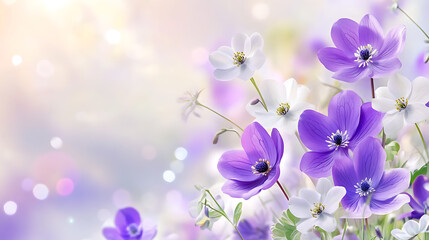 Naklejka premium Purple bluebell and white anemone evoke feeling of peacefulness, with blurred meadow adding to its airy and beautiful composition