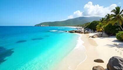 Fototapeta premium A panoramic vista of a pristine coastline with clear turquoise water gently lapping against a sandy beach, free of pollution. perfect for earth day
