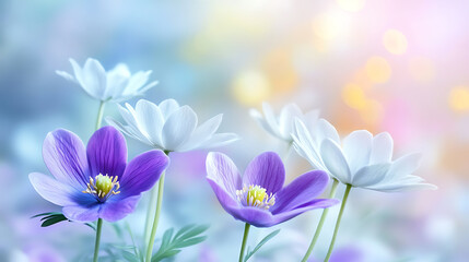 Fototapeta premium Purple bluebell and white anemone flowers blossom in blurred meadow, bathed in fresh light, emanating serene and peaceful feeling