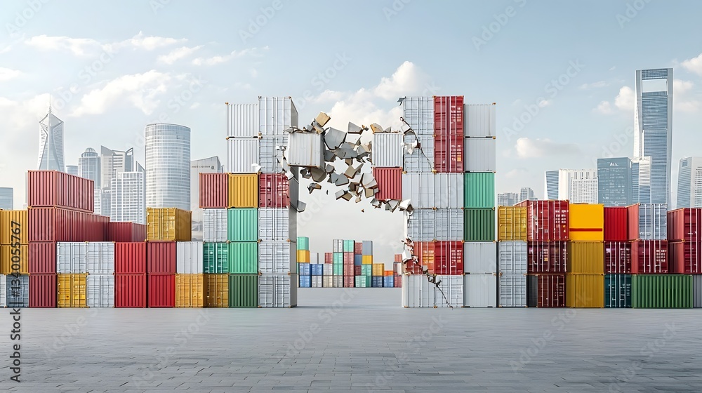 Poster a conceptual image depicting the disruption and fragmentation of global trade with crumbling tariff 