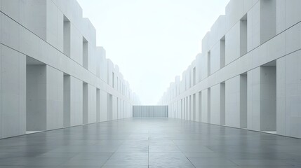 Fototapeta premium A conceptual image depicting an abstract minimalist hallway with uniform grey walls representing barriers to global trade and the flow of commerce