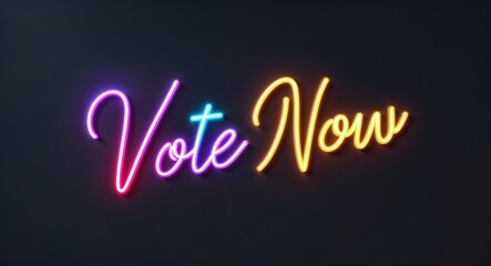 vote now glowing colorful neon cursive calligraphy lettering on plain black dark background